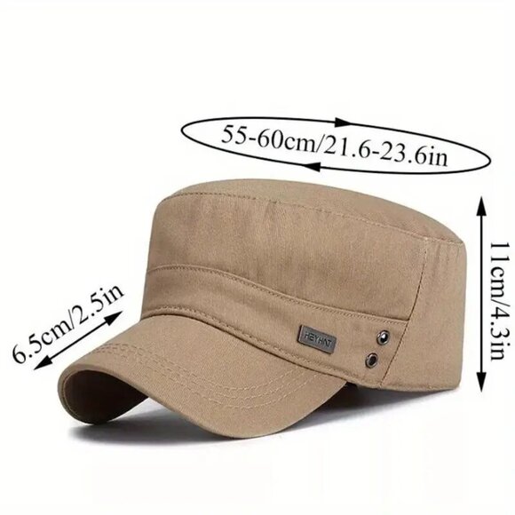 Beige - Army, Military Flat Cadet‎ Top Hat, Cotton Military Adjustable Cap - Picture 2 of 2